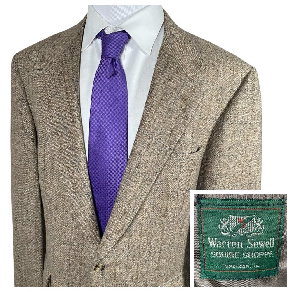 Vintage Warren Sewell Tweed Sport Coat 44L Oatmeal Light Brown Plaids & Checks